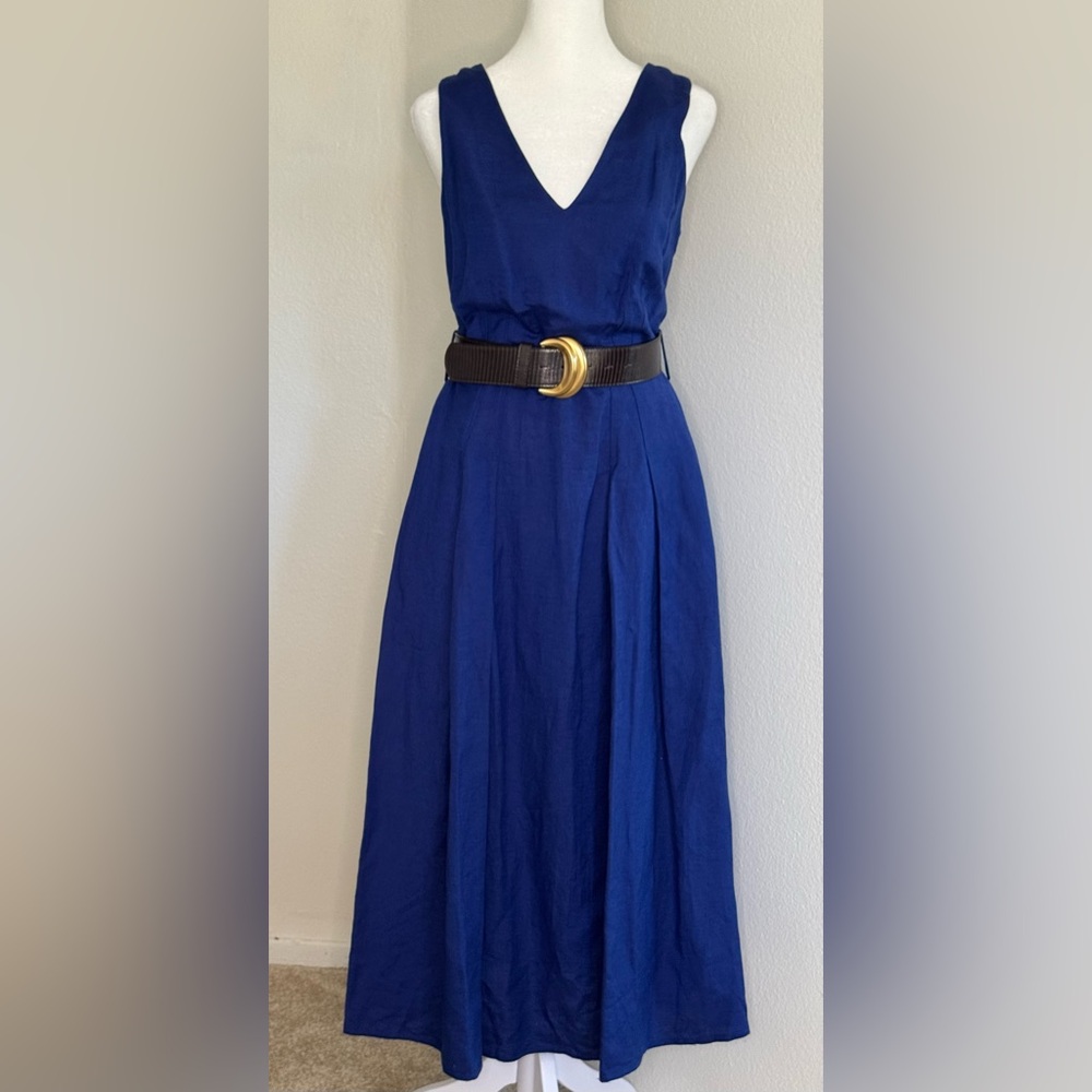 New Donna Karan Women’s V-Neck Sleeveless Belted Linen A-Line Blue Midi Dress - Picture 2 of 7